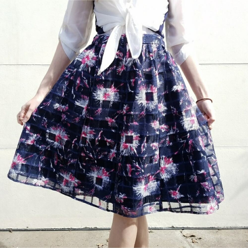 Halogen Floral Checkered Full‎ Skirt Plus Size 14 Knee Length Cottagecore Fairy